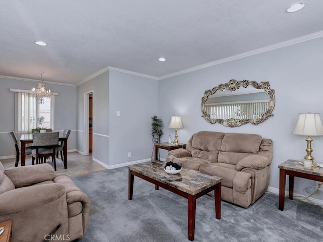 7840 La Mesa Way, Buena Park, CA 90620 - living area featuring a chandelier, ornamental molding, recessed lighting, and carpet floors
