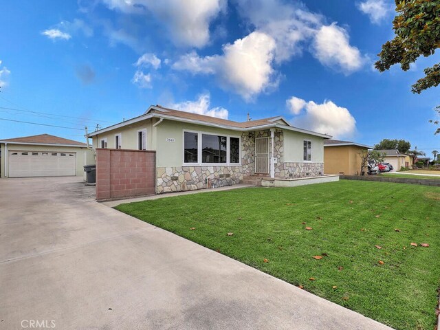 7840 La Mesa Way, Buena Park, CA 90620 - view of front of house with stone siding, stucco siding, a garage, and a front yard
