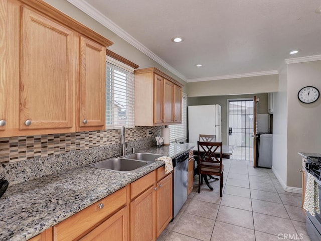 7840 La Mesa Way, Buena Park, CA 90620 - kitchen featuring appliances with stainless steel finishes, tasteful backsplash, light tile patterned flooring, crown molding, and recessed lighting