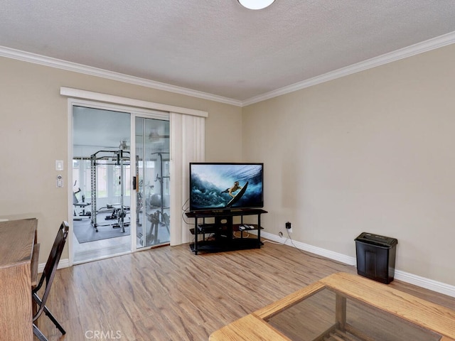 7840 La Mesa Way, Buena Park, CA 90620 - living area featuring wood finished floors, ornamental molding, and a textured ceiling