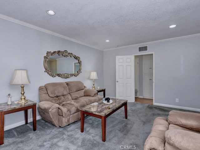 7840 La Mesa Way, Buena Park, CA 90620 - living room with carpet floors, recessed lighting, crown molding, and a textured ceiling