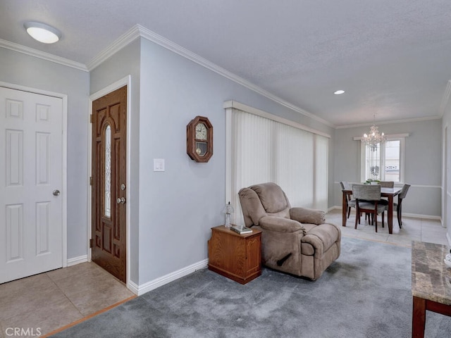 7840 La Mesa Way, Buena Park, CA 90620 - foyer featuring a chandelier, crown molding, tile patterned floors, carpet, and a textured ceiling