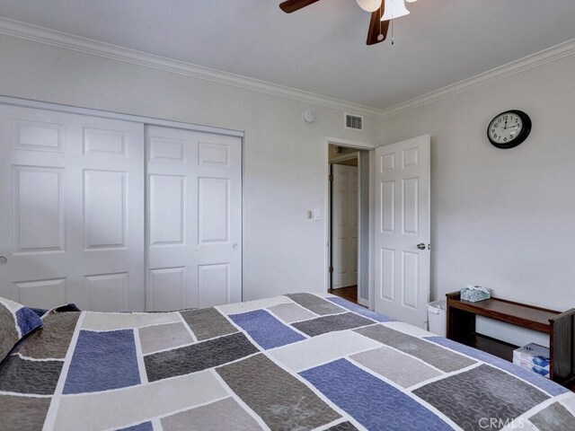 7840 La Mesa Way, Buena Park, CA 90620 - bedroom with ornamental molding, a closet, and ceiling fan