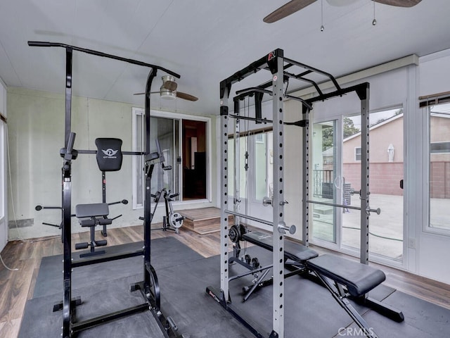 7840 La Mesa Way, Buena Park, CA 90620 - exercise room with a ceiling fan, wood finished floors, and french doors