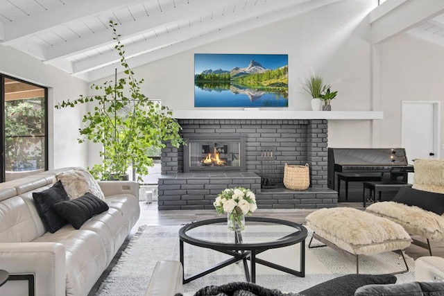 834 Cole Ranch Rd, Encinitas, CA 92024 - living room featuring wood finished floors, a fireplace, beam ceiling, and high vaulted ceiling