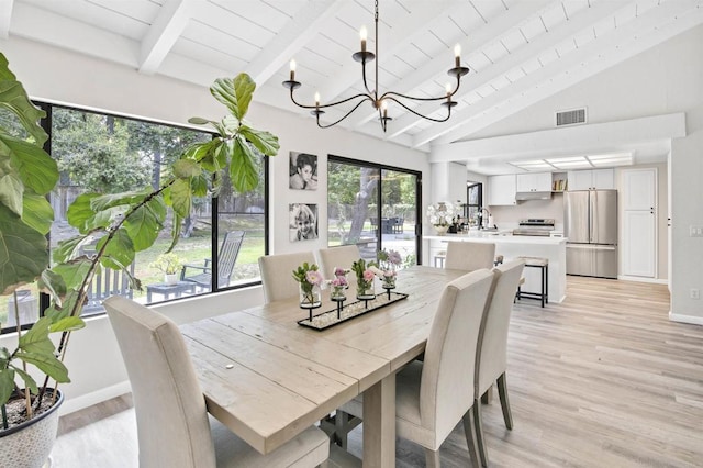 834 Cole Ranch Rd, Encinitas, CA 92024 - dining room with a chandelier, light wood-type flooring, a wooden ceiling with exposed beams, and high vaulted ceiling