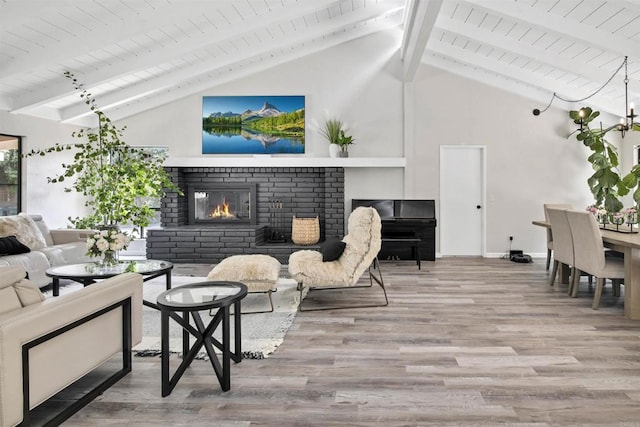 834 Cole Ranch Rd, Encinitas, CA 92024 - living area with wood finished floors, a fireplace, a wooden ceiling with exposed beams, and high vaulted ceiling