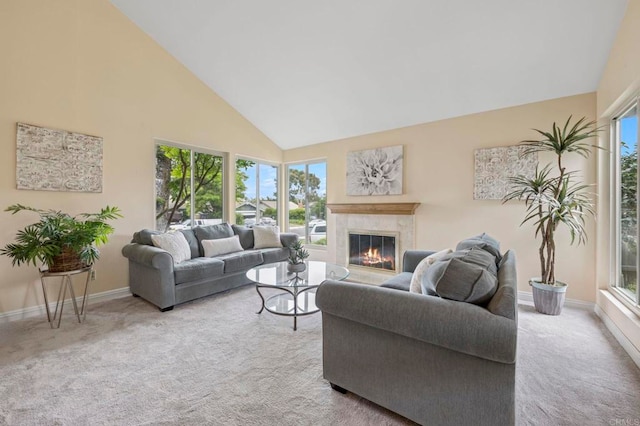 3551 Starboard Cir, Oceanside, CA 92054 - living area with high vaulted ceiling, carpet, and a premium fireplace