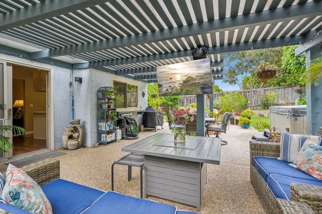 3551 Starboard Cir, Oceanside, CA 92054 - fenced backyard with a pergola, an outdoor living space, a patio area, outdoor dining area, and a hot tub