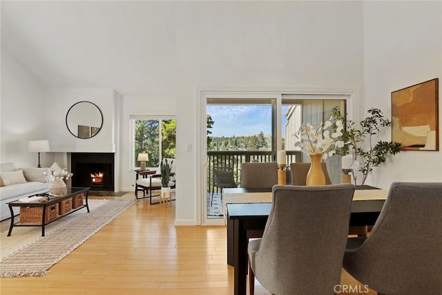 4440 Eagle Peak Rd Unit A, Concord, CA 94521 - dining area with a high ceiling, light wood finished floors, and a warm lit fireplace