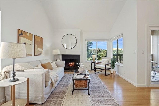 4440 Eagle Peak Rd Unit A, Concord, CA 94521 - living area with high vaulted ceiling, hardwood / wood-style flooring, and a warm lit fireplace