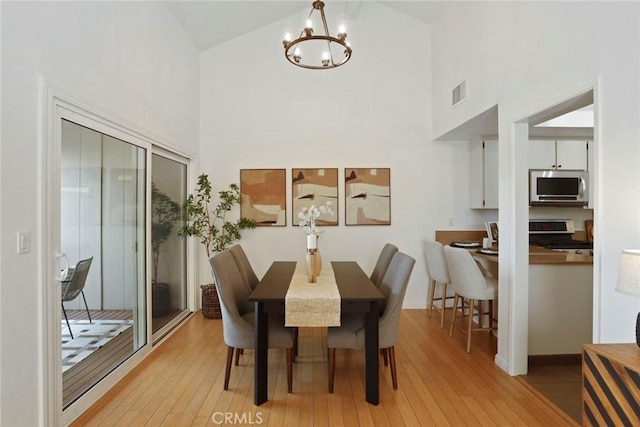 4440 Eagle Peak Rd Unit A, Concord, CA 94521 - dining space with a chandelier, light wood-type flooring, and high vaulted ceiling