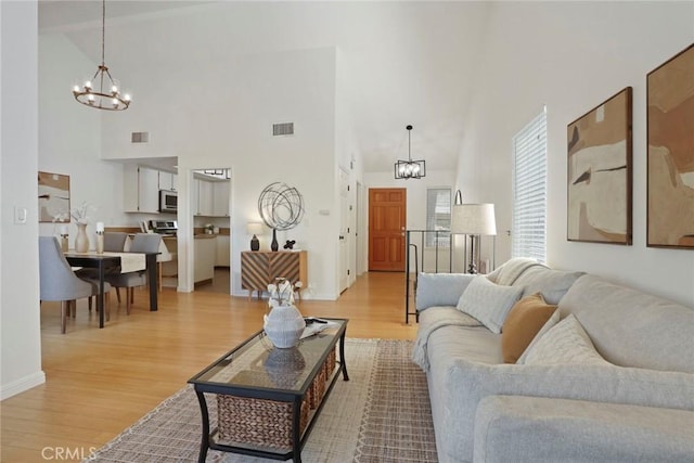 4440 Eagle Peak Rd Unit A, Concord, CA 94521 - living room featuring a chandelier, high vaulted ceiling, and light wood-style floors