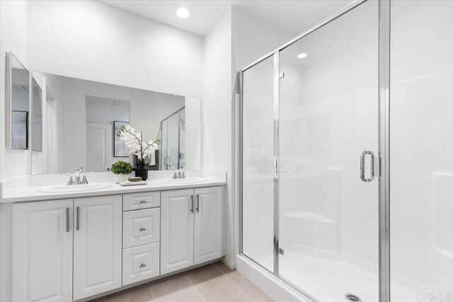320 El Cajon Blvd, El Cajon, CA 92020 - full bathroom with a stall shower, double vanity, tile patterned floors, and recessed lighting