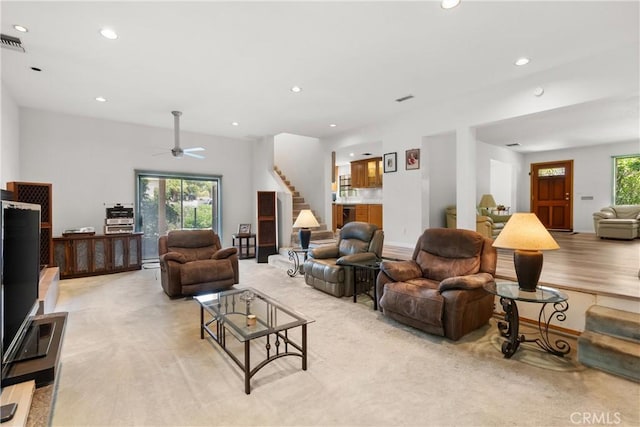3654 4th Ave, La Crescenta, CA 91214 - living room featuring stairway, recessed lighting, and ceiling fan