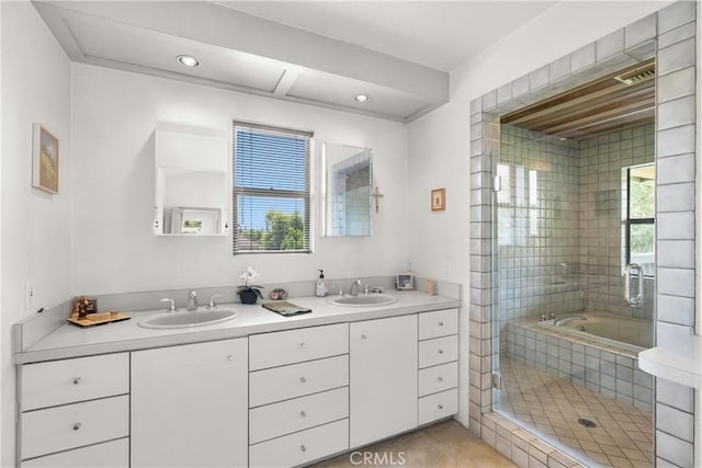 3654 4th Ave, La Crescenta, CA 91214 - full bathroom with double vanity, a stall shower, and recessed lighting