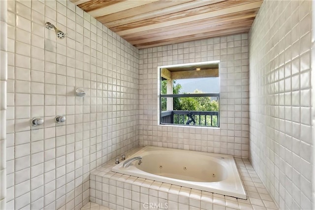 3654 4th Ave, La Crescenta, CA 91214 - full bath with a whirlpool tub, tile walls, and wooden ceiling