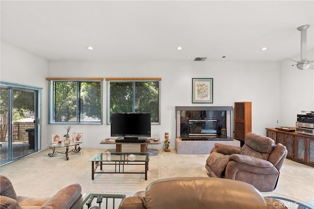 3654 4th Ave, La Crescenta, CA 91214 - living room featuring carpet flooring, a premium fireplace, recessed lighting, and a ceiling fan