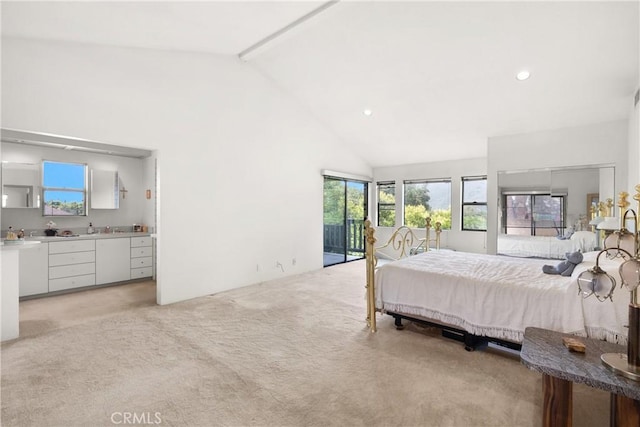 3654 4th Ave, La Crescenta, CA 91214 - bedroom featuring access to exterior, light carpet, multiple windows, high vaulted ceiling, and recessed lighting