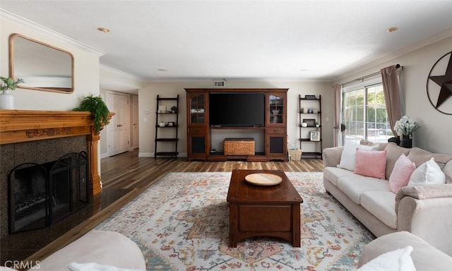 18921 Silver Maple Way N, Tustin, CA 92705 - living area with wood finished floors, a fireplace, and ornamental molding