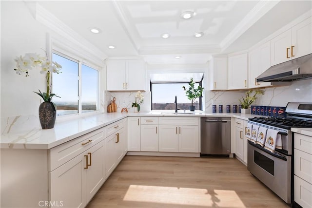 15429 Turquoise Cir N, Chino Hills, CA 91709 - kitchen with stainless steel appliances, healthy amount of natural light, under cabinet range hood, crown molding, and white cabinetry
