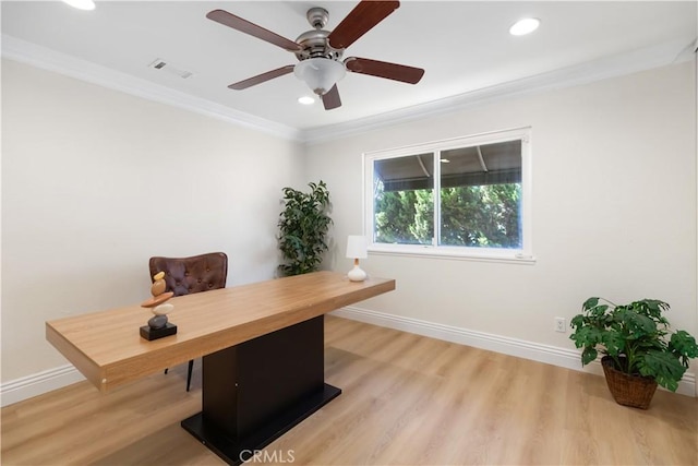 15429 Turquoise Cir N, Chino Hills, CA 91709 - office area with recessed lighting, ornamental molding, ceiling fan, and light wood-style floors