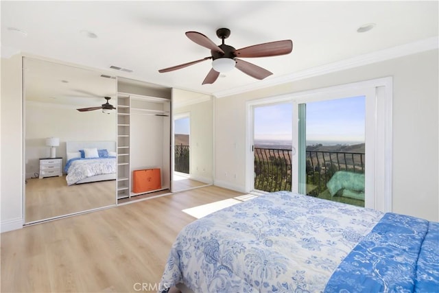 15429 Turquoise Cir N, Chino Hills, CA 91709 - bedroom with wood finished floors, ornamental molding, ceiling fan, access to outside, and a closet