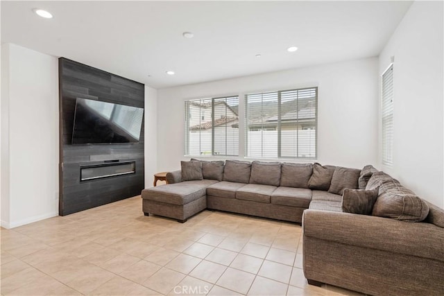 421 Azalea St, Fillmore, CA 93015 - living room featuring recessed lighting, a large fireplace, and light tile patterned flooring