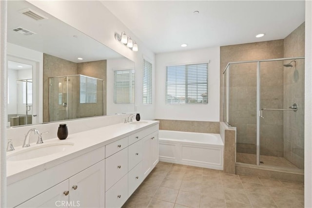 421 Azalea St, Fillmore, CA 93015 - full bathroom featuring healthy amount of natural light, a stall shower, tile patterned flooring, and recessed lighting