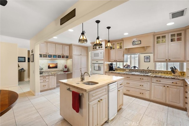 11116 Wayfield Rd, Riverside, CA 92505 - kitchen featuring white appliances, light tile patterned floors, decorative backsplash, glass insert cabinets, and recessed lighting