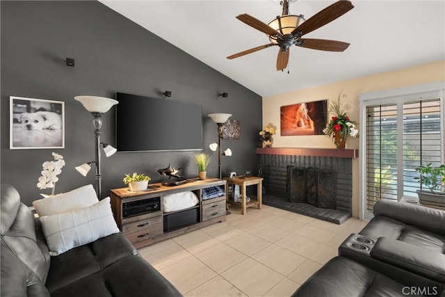 11116 Wayfield Rd, Riverside, CA 92505 - tiled living room featuring vaulted ceiling, a brick fireplace, and a ceiling fan
