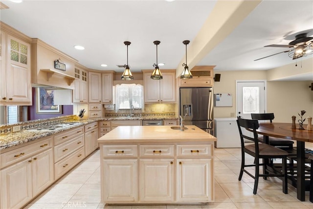11116 Wayfield Rd, Riverside, CA 92505 - kitchen with stainless steel fridge with ice dispenser, light tile patterned flooring, a kitchen island with sink, gas cooktop, and recessed lighting