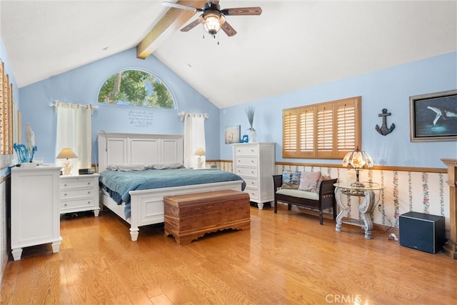 11116 Wayfield Rd, Riverside, CA 92505 - bedroom with beamed ceiling, wood finished floors, high vaulted ceiling, and a ceiling fan