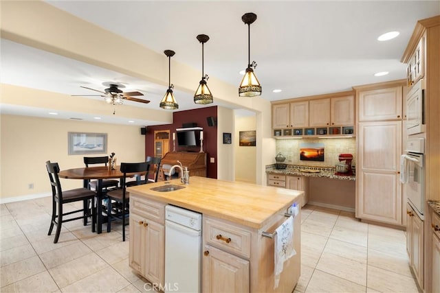 11116 Wayfield Rd, Riverside, CA 92505 - kitchen featuring white appliances, tasteful backsplash, light tile patterned floors, recessed lighting, and a kitchen island with sink