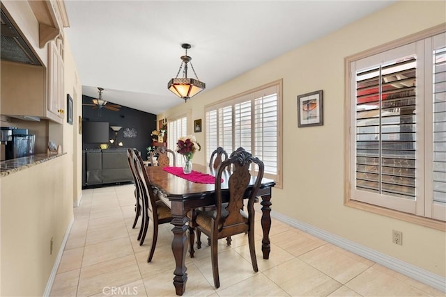 11116 Wayfield Rd, Riverside, CA 92505 - dining space featuring lofted ceiling, light tile patterned floors, and ceiling fan