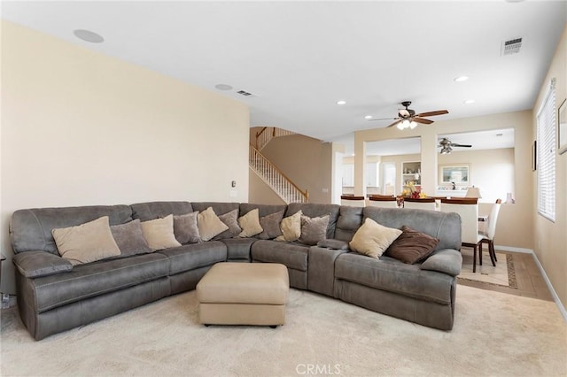 25 Vista Palermo, Lake Elsinore, CA 92532 - living room with a ceiling fan, carpet, recessed lighting, and stairs