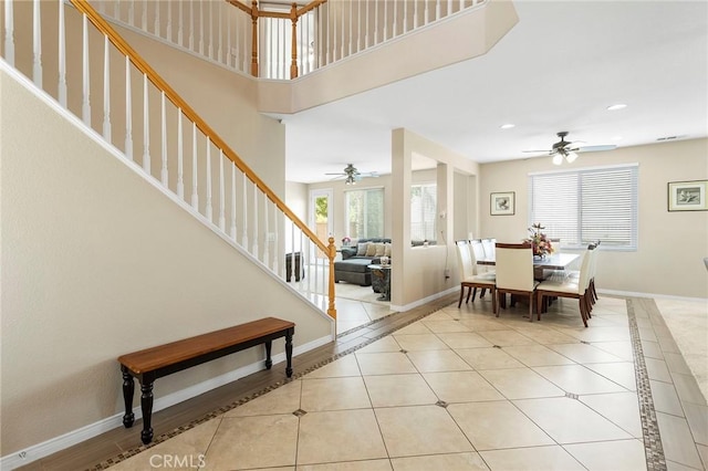 25 Vista Palermo, Lake Elsinore, CA 92532 - dining area with ceiling fan, stairs, light tile patterned floors, inlaid floor details, and recessed lighting