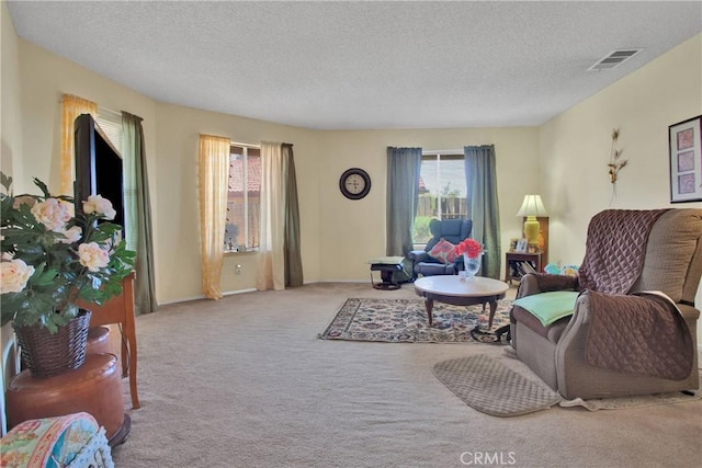 10395 Shahaptain Ave, Hesperia, CA 92345 - carpeted living room with a textured ceiling and baseboards