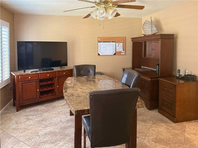 4474 Juanita Ct, Chino, CA 91710 - dining space featuring a ceiling fan, an office area, a textured ceiling, and light tile patterned floors