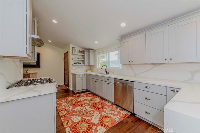 5276 Willow Wood Rd, Rolling Hills Estates, CA 90274 - kitchen featuring stainless steel dishwasher, open shelves, wood finished floors, decorative backsplash, and gray cabinets