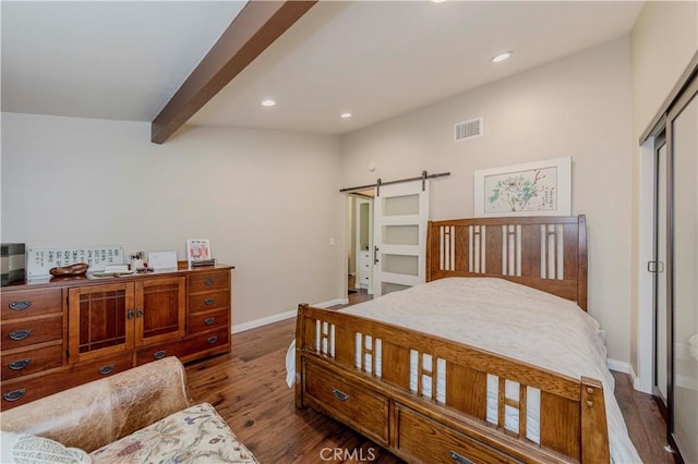 5276 Willow Wood Rd, Rolling Hills Estates, CA 90274 - bedroom featuring a barn door, recessed lighting, beamed ceiling, and dark wood-type flooring