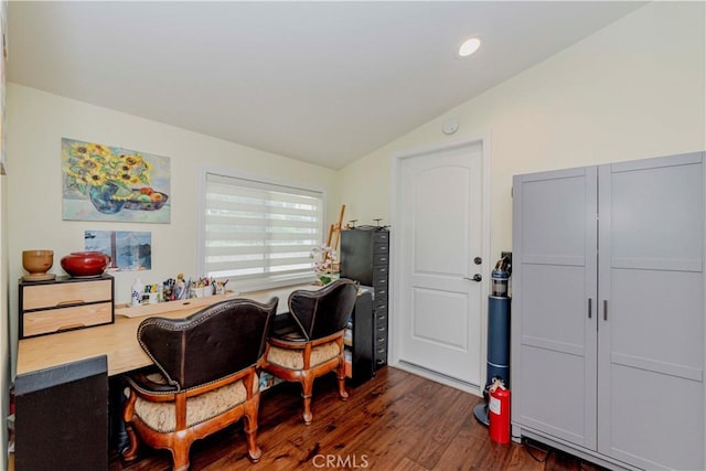 5276 Willow Wood Rd, Rolling Hills Estates, CA 90274 - office area featuring vaulted ceiling, dark wood-type flooring, and recessed lighting