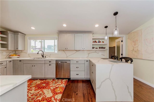 5276 Willow Wood Rd, Rolling Hills Estates, CA 90274 - kitchen with open shelves, dishwasher, a peninsula, wood finished floors, and recessed lighting