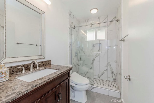 2406 Descanso Way, Torrance, CA 90504 - bathroom featuring a marble finish shower, vanity, and tile patterned flooring