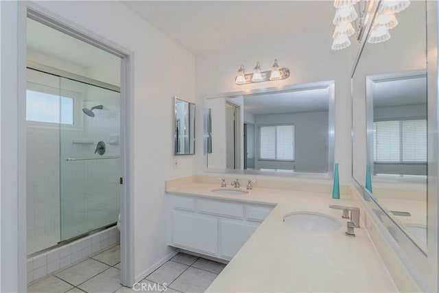 2406 Descanso Way, Torrance, CA 90504 - full bath featuring tile patterned floors, double vanity, a stall shower, and a chandelier