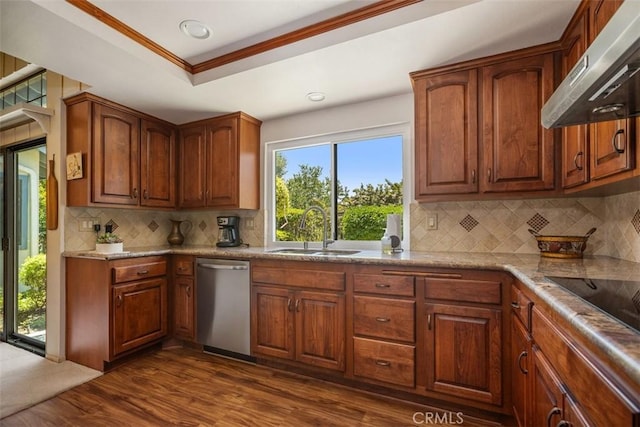 27815 Sheffield, Mission Viejo, CA 92692 - kitchen with dishwasher, range hood, dark wood-style flooring, tasteful backsplash, and recessed lighting