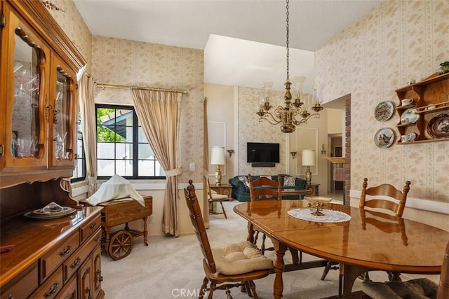 27815 Sheffield, Mission Viejo, CA 92692 - dining room featuring wallpapered walls, light carpet, and a chandelier