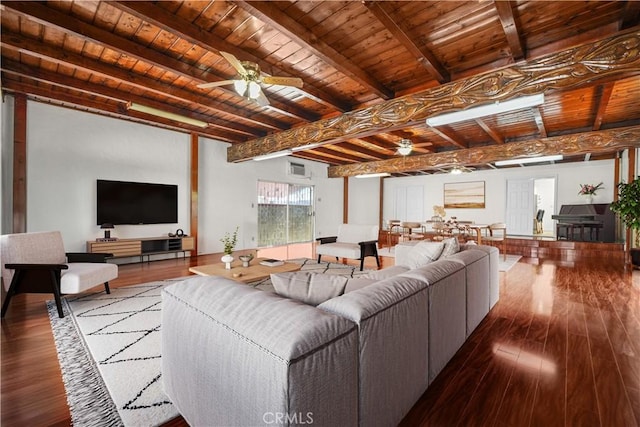 1067 N Wilton Pl, Los Angeles, CA 90038 - living area with ceiling fan, a wooden ceiling with exposed beams, and wood-type flooring