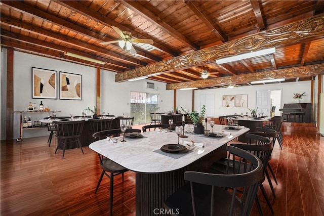1067 N Wilton Pl, Los Angeles, CA 90038 - dining room featuring a wooden ceiling with exposed beams, dark wood finished floors, ceiling fan, and bar