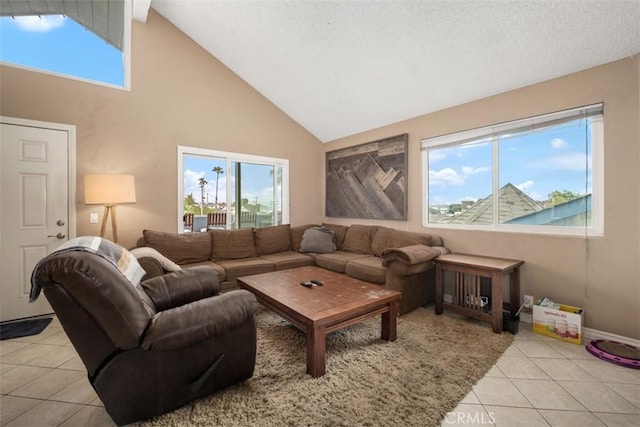 34055 Silver Lantern St, Dana Point, CA 92629 - living area with light tile patterned floors, high vaulted ceiling, and healthy amount of natural light